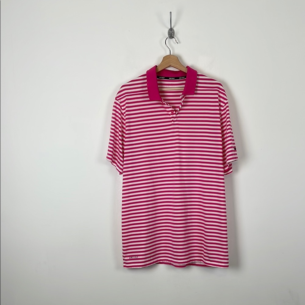 Nike Dri Fit Golf Men's XL Short Sleeve Pink White 1/4 Button Striped Polo Shirt